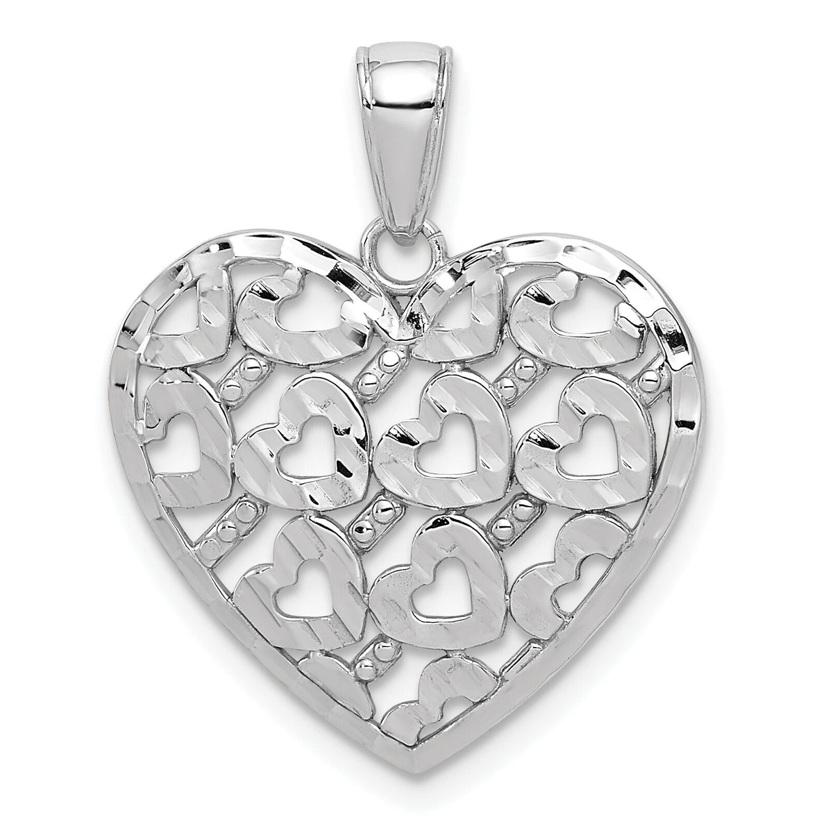 14K White Gold Diamond-cut Heart Pattern On Heart Charm-K7126W