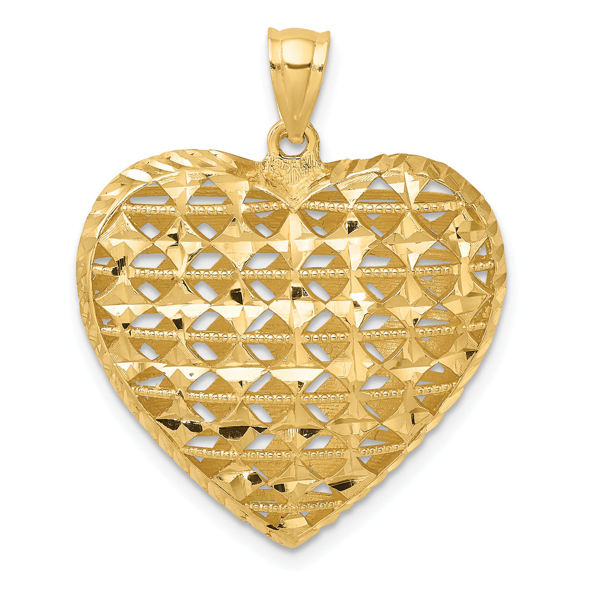 14K 3-D Cut-out Diamond-cut Puffed Heart Pendant-K7128