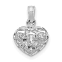 14K White Gold 3-D Diamond-cut Mini Puffed Heart Charm-K7130W