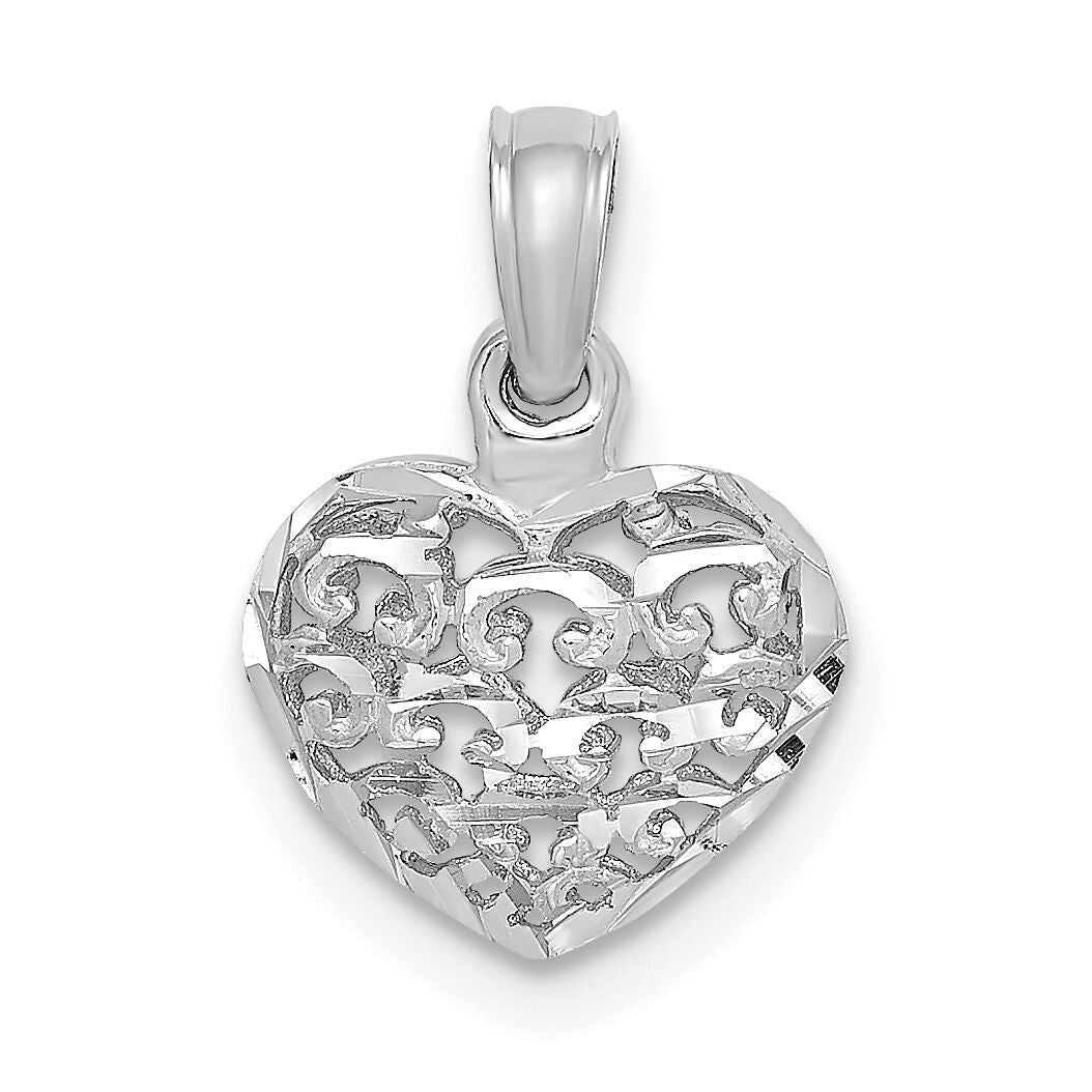 14K White Gold 3-D Diamond-cut Mini Puffed Heart Charm-K7130W