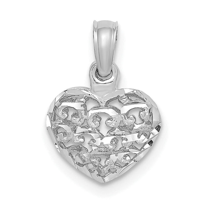 14K White Gold 3-D Diamond-cut Mini Puffed Heart Charm-K7130W