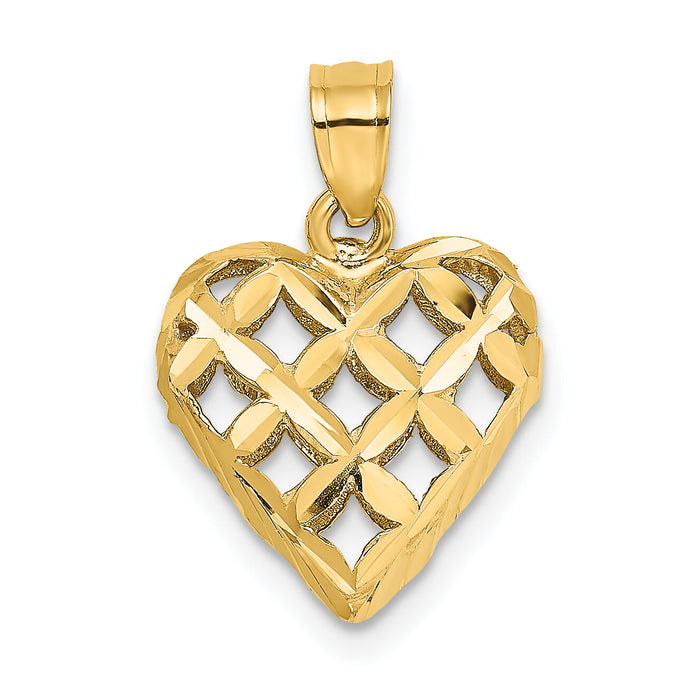 14K 3-D Diamond-cut Filigree Puffed Heart Charm-K7131