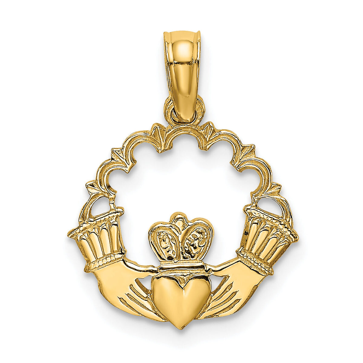14K Engraved Claddagh In Scallop Circle Charm-K7164