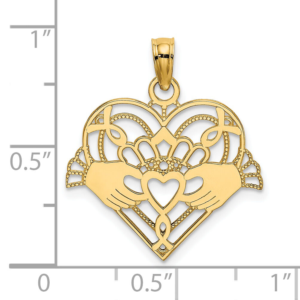 14K Polished and Beaded Claddagh In Heart Charm-K7191