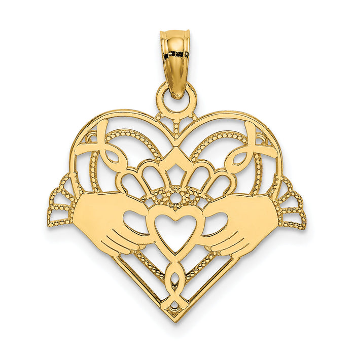 14K Polished and Beaded Claddagh In Heart Charm-K7191