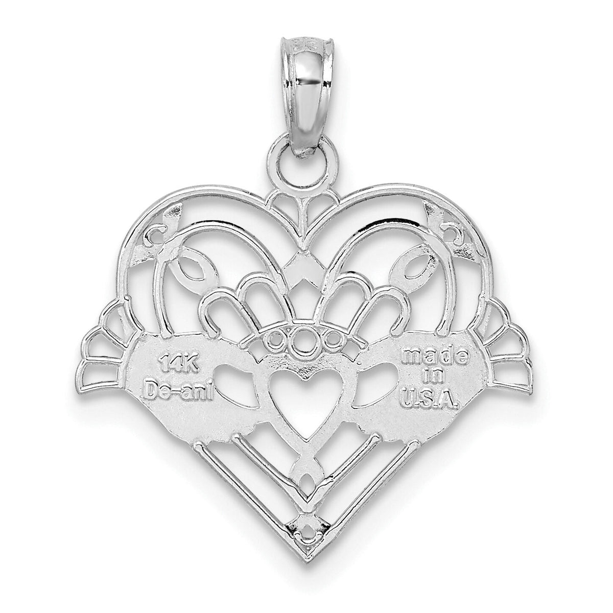14K White Gold Polished and Beaded Claddagh In Heart Charm-K7191W
