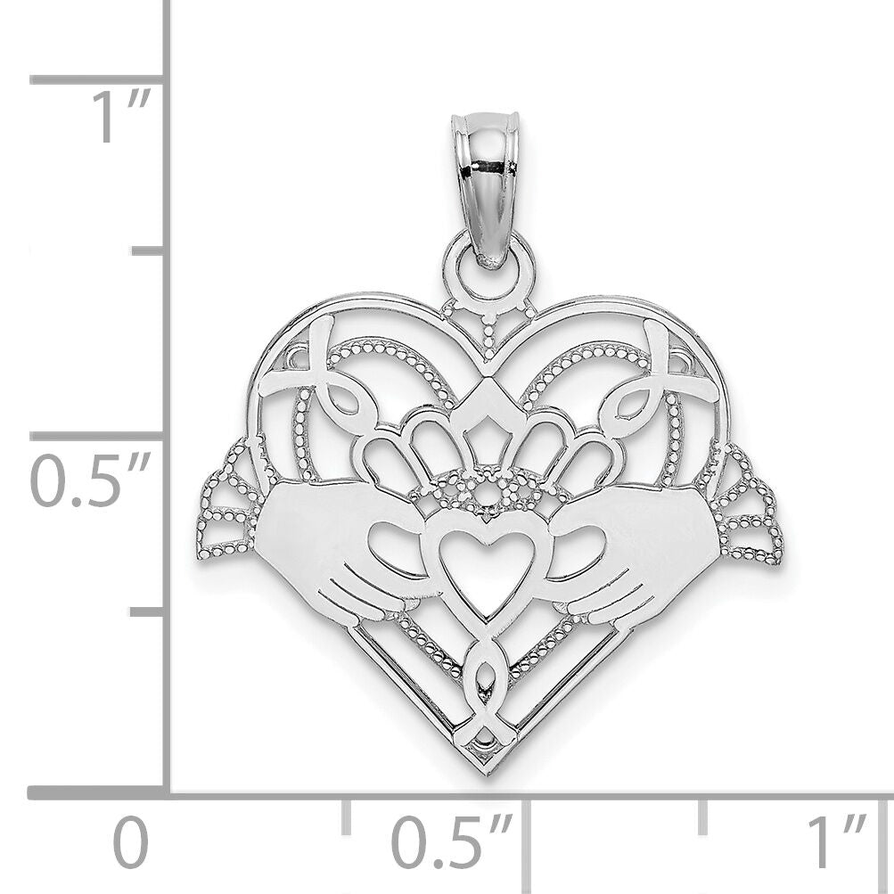 14K White Gold Polished and Beaded Claddagh In Heart Charm-K7191W