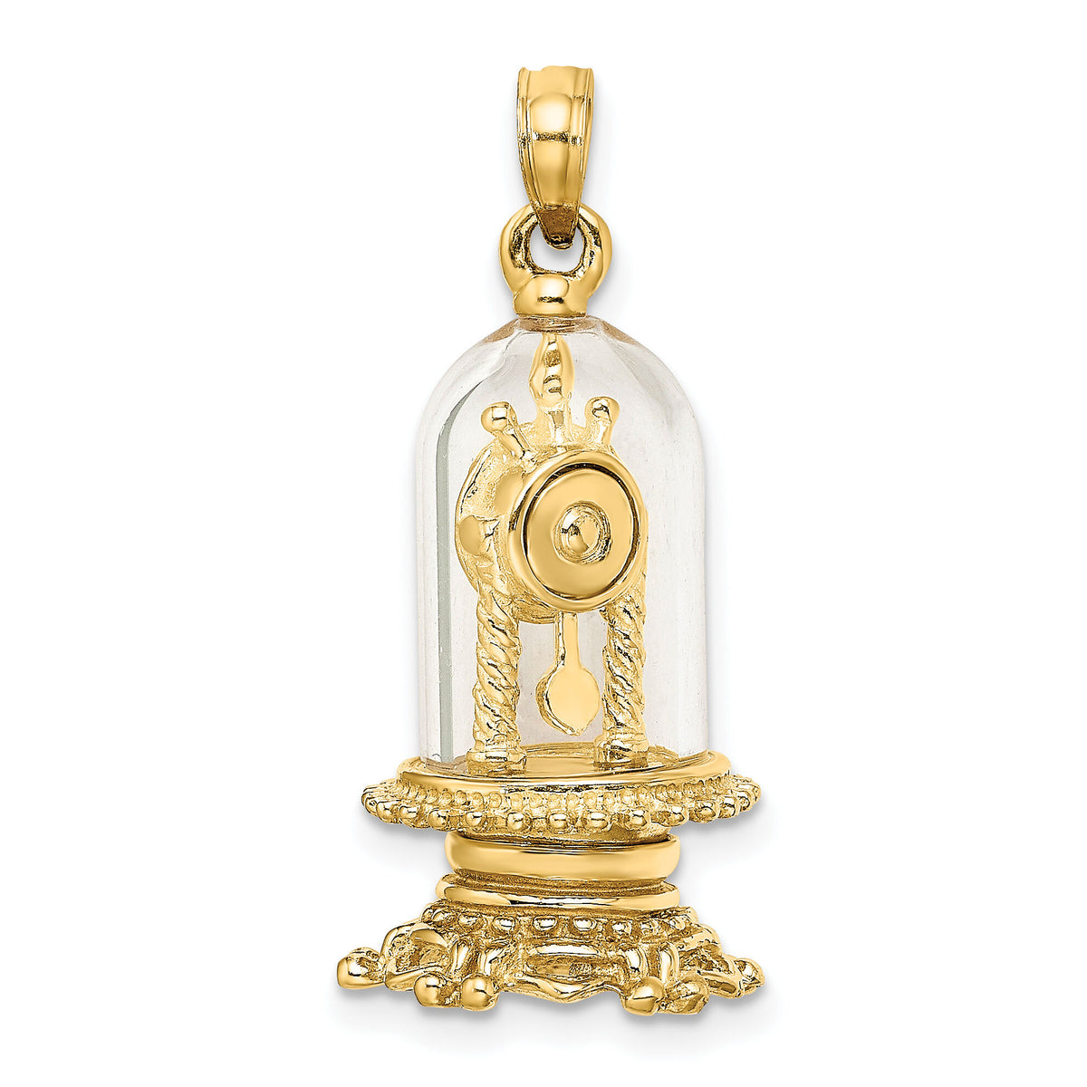 14K w/ Enamel 3-D Moveable Clock In Glass Dome Charm-K7283