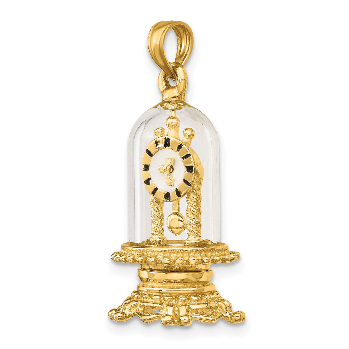14K w/ Enamel 3-D Moveable Clock In Glass Dome Charm-K7283