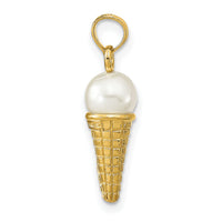 14K Satin Polished 3D  White Bead Ice Cream Cone Pendant-K7308
