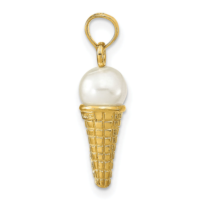 14K Satin Polished 3D  White Bead Ice Cream Cone Pendant-K7308