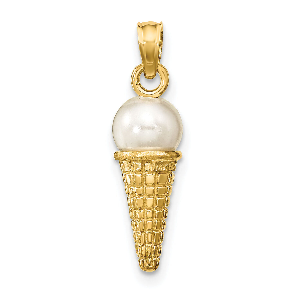 14K Satin Polished 3D  White Bead Ice Cream Cone Pendant-K7308