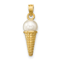 14K Satin Polished 3D  White Bead Ice Cream Cone Pendant-K7308