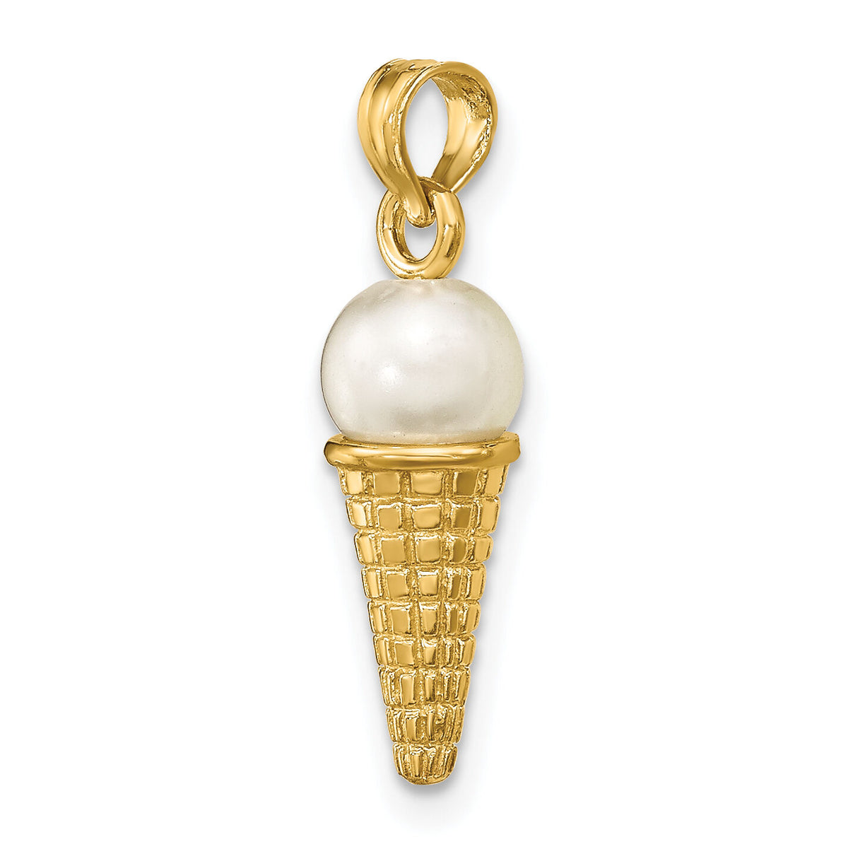 14K Satin Polished 3D  White Bead Ice Cream Cone Pendant-K7308