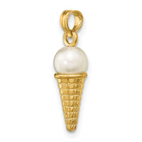 14K Satin Polished 3D  White Bead Ice Cream Cone Pendant-K7308