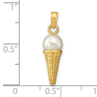 14K Satin Polished 3D  White Bead Ice Cream Cone Pendant-K7308