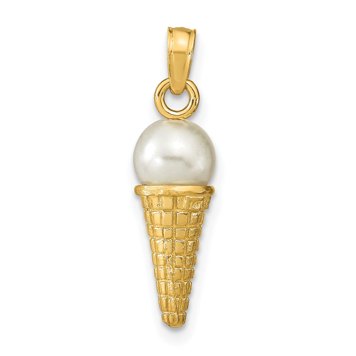 14K Satin Polished 3D  White Bead Ice Cream Cone Pendant-K7308