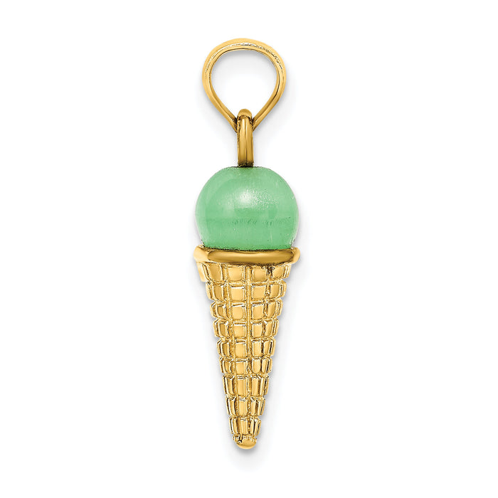 14K Satin Polished 3D  Green Bead Ice Cream Cone Pendant-K7310