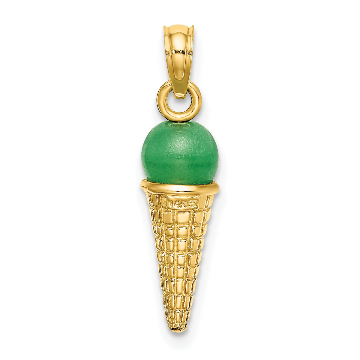 14K Satin Polished 3D  Green Bead Ice Cream Cone Pendant-K7310