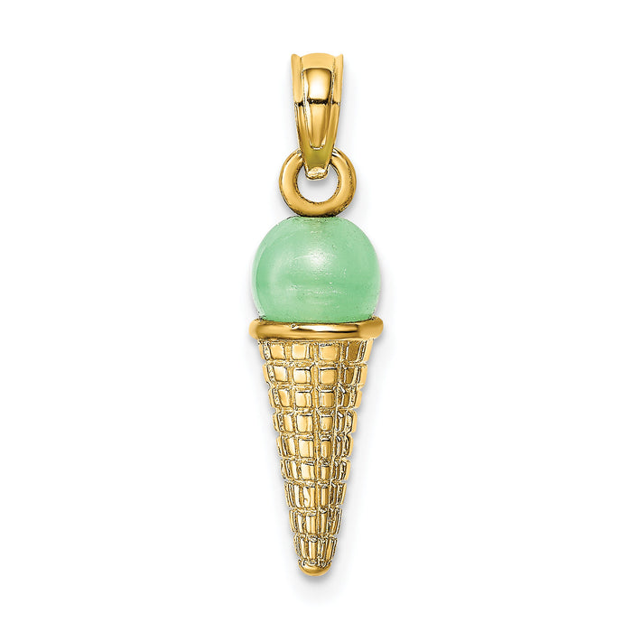 14K Satin Polished 3D  Green Bead Ice Cream Cone Pendant-K7310