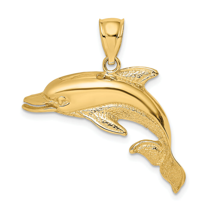 14K Polished and Textured Open Mouth Dolphin Charm-K7413
