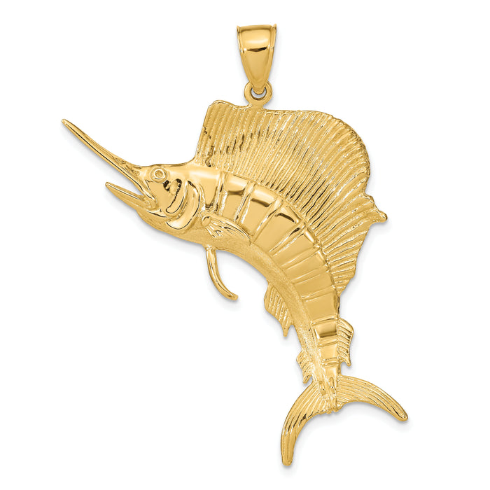 14K 3-D Polished Textured Sailfish Charm-K7542