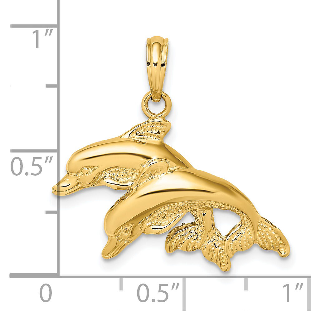 14K 2-D Polished and Textured Double Dolphins Charm-K7711