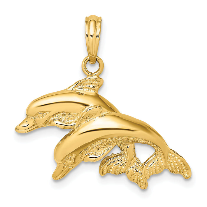 14K 2-D Polished and Textured Double Dolphins Charm-K7711