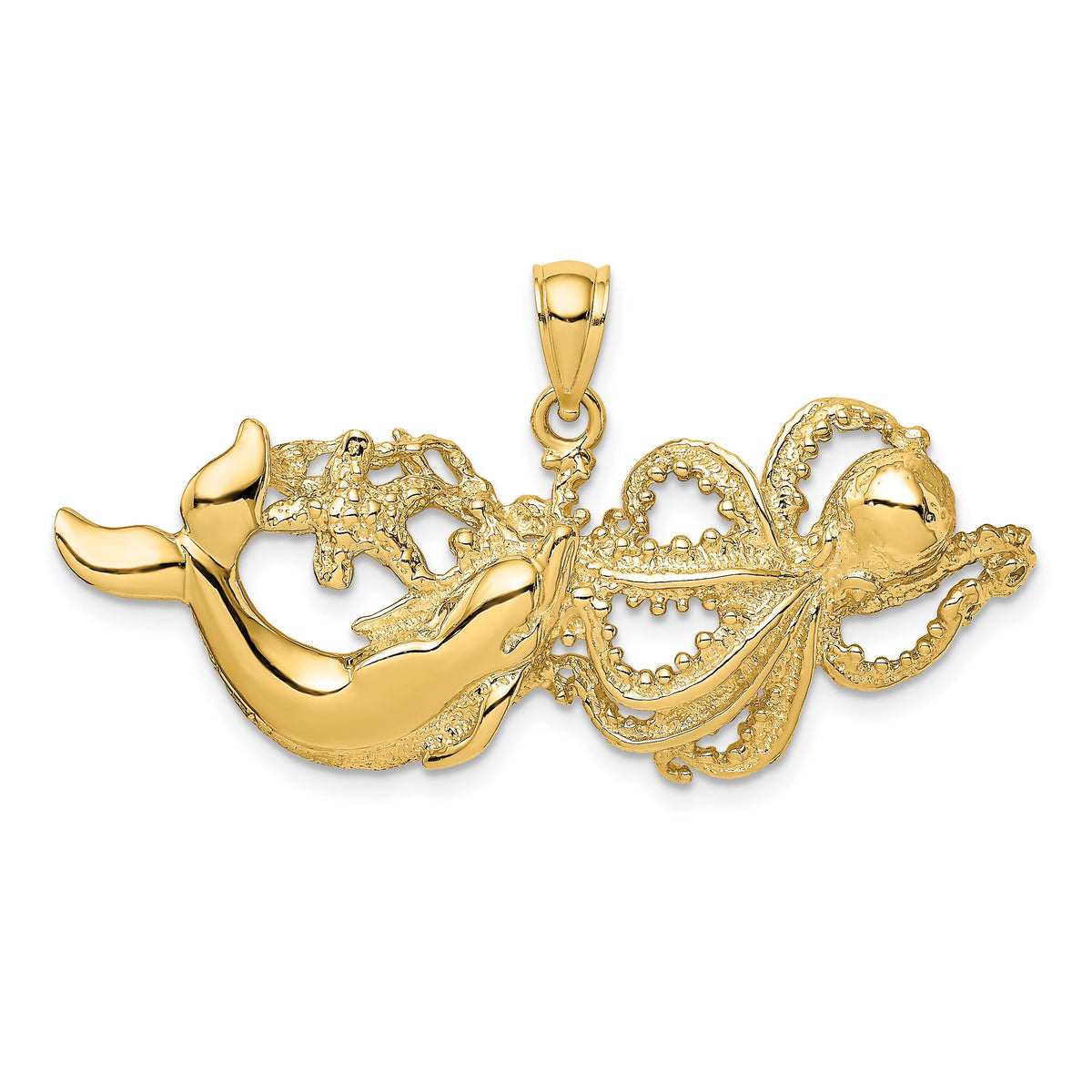 14K Polished and Textured Dolphin and Octopus Pendant-K7721