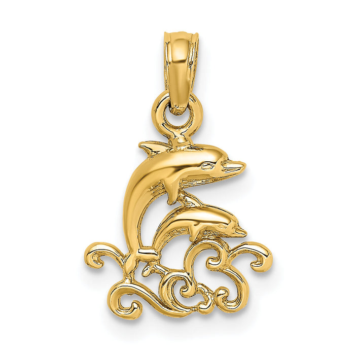 14K Textured Mini Double Dolphins and Waves Charm-K7768