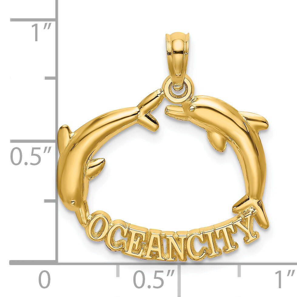 14k Polished OCEAN CITY w/ Jumping Dolphins Charm-K7883