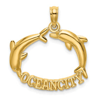 14k Polished OCEAN CITY w/ Jumping Dolphins Charm-K7883