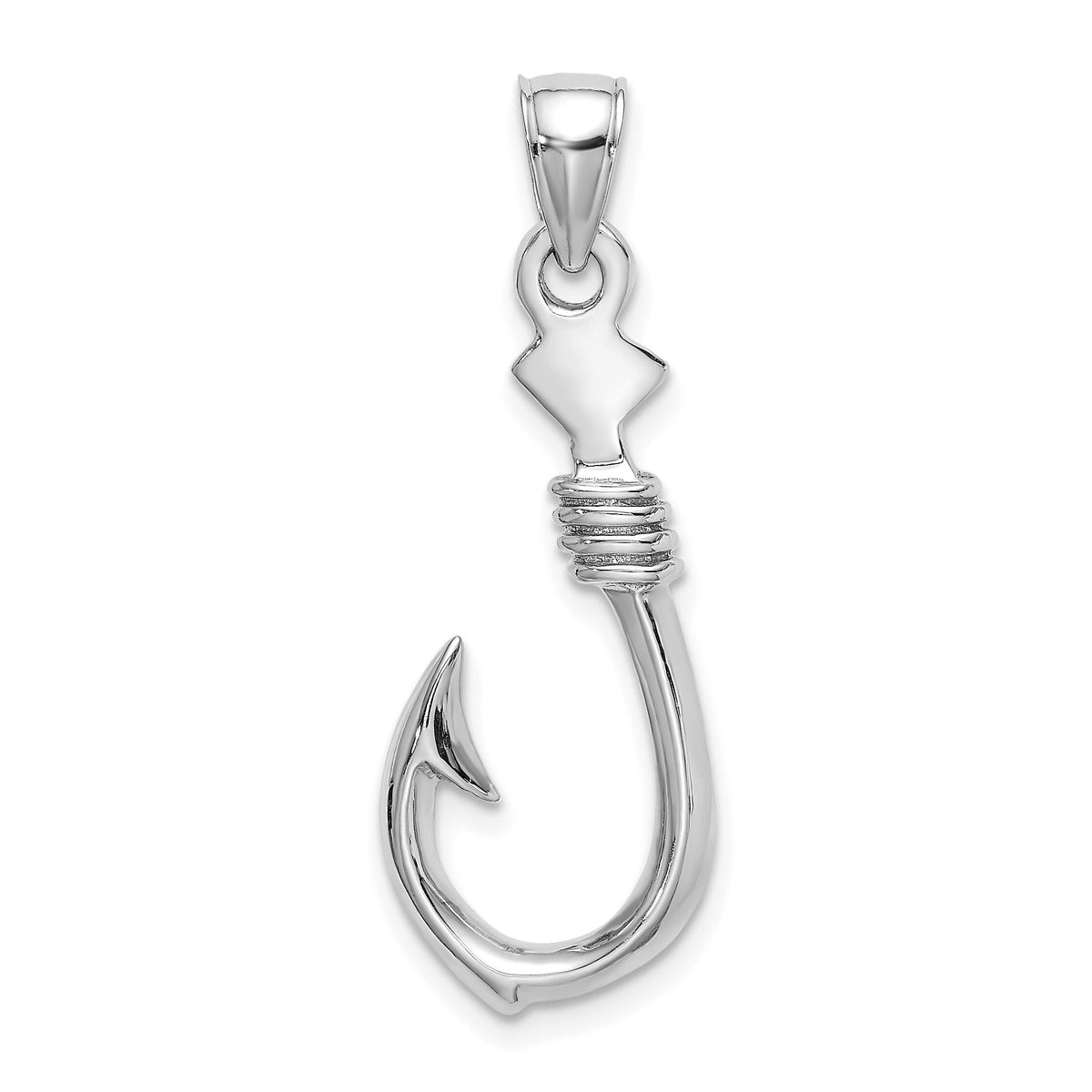 14K White Gold 3-D Large Fish Hook with Rope Charm-K7885W