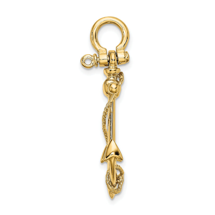 14K 3-D Anchor W/Long T Bar and Shackle Bail Charm-K8000