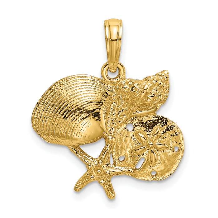 14K Polished Shell, Starfish and Sand Dollar Cluster Charm-K8075