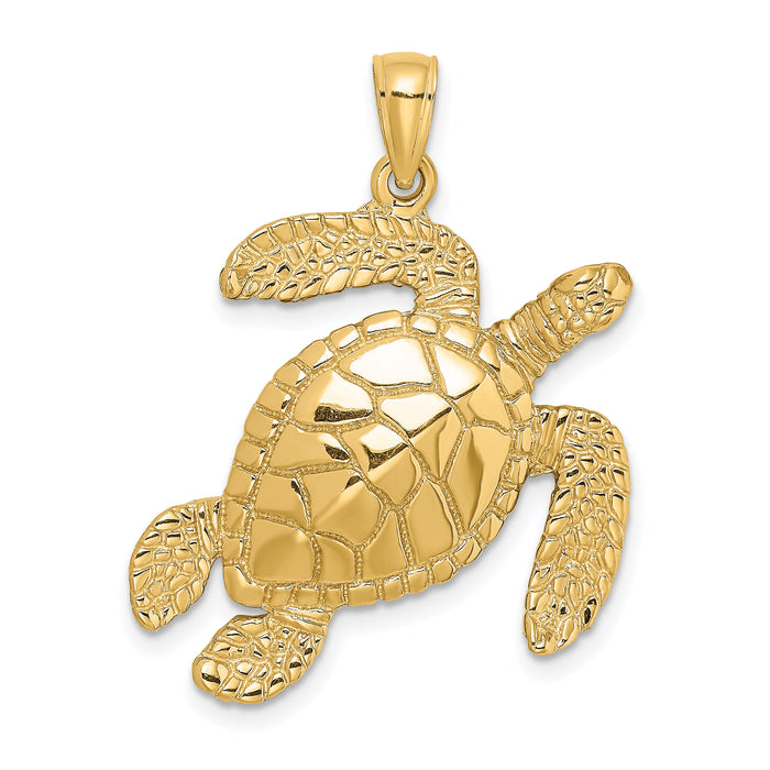 14K Large Textured Swimming Sea Turtle Charm-K8163