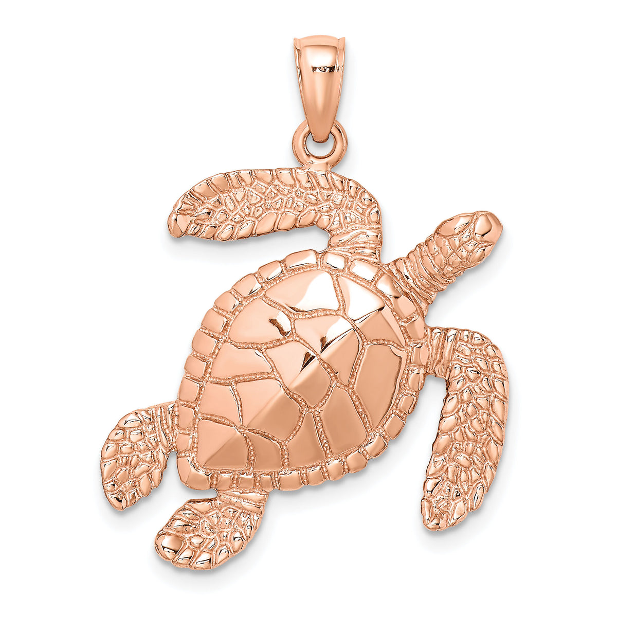14K Rose Gold Large Textured Swimming Sea Turtle Charm-K8163R