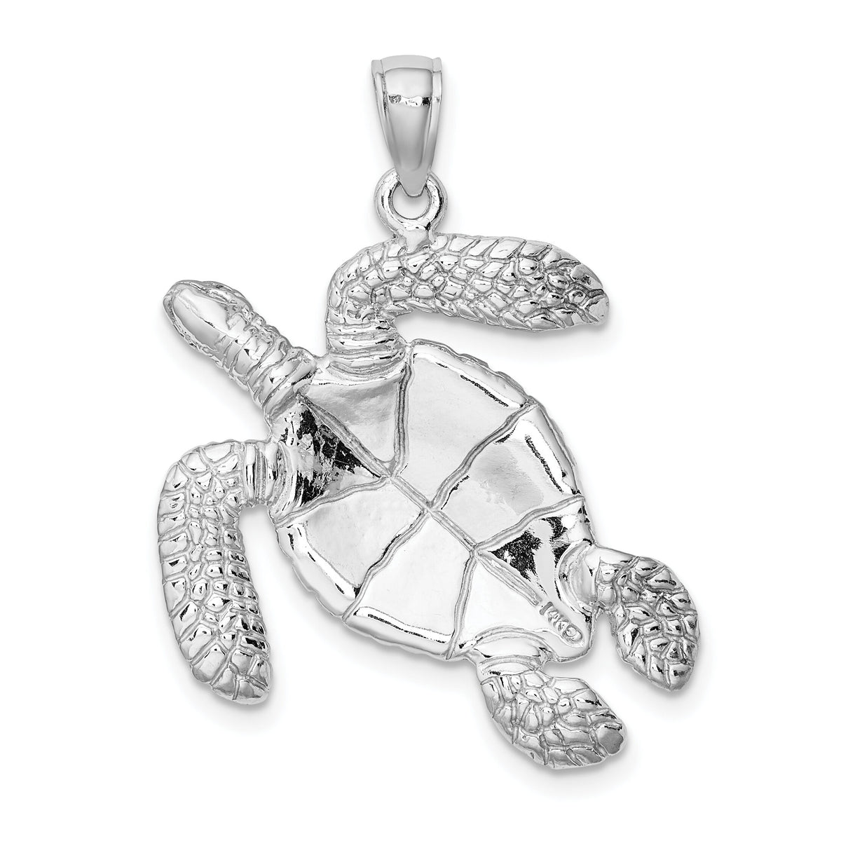 14K White Gold Large Textured Swimming Sea Turtle Charm-K8163W