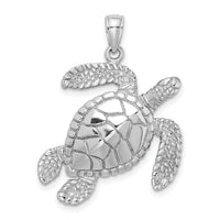 14K White Gold Large Textured Swimming Sea Turtle Charm-K8163W
