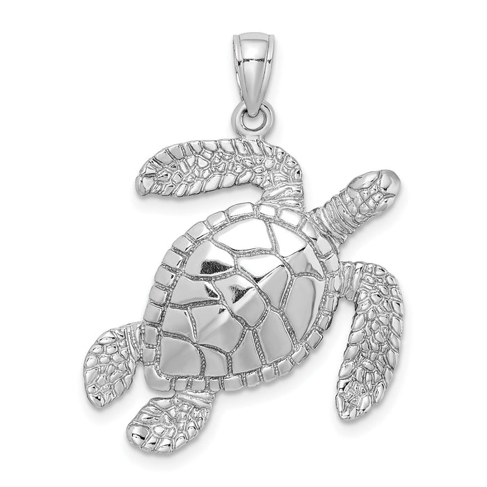 14K White Gold Large Textured Swimming Sea Turtle Charm-K8163W