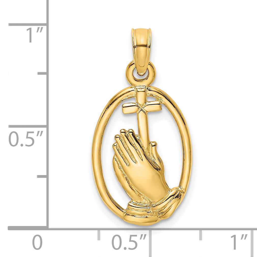 14K Praying Hands and Cross In Oval Charm-K8327