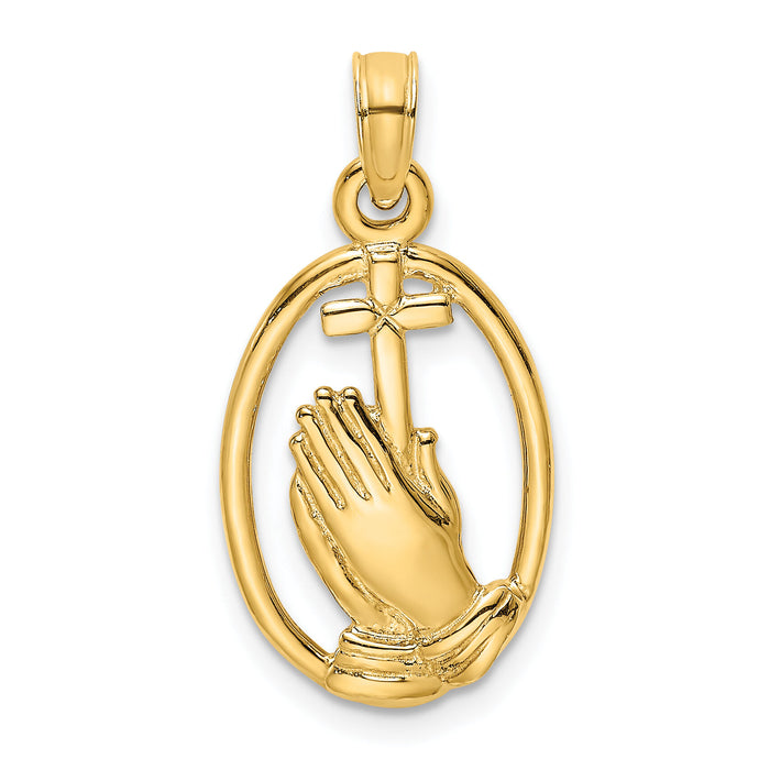 14K Praying Hands and Cross In Oval Charm-K8327