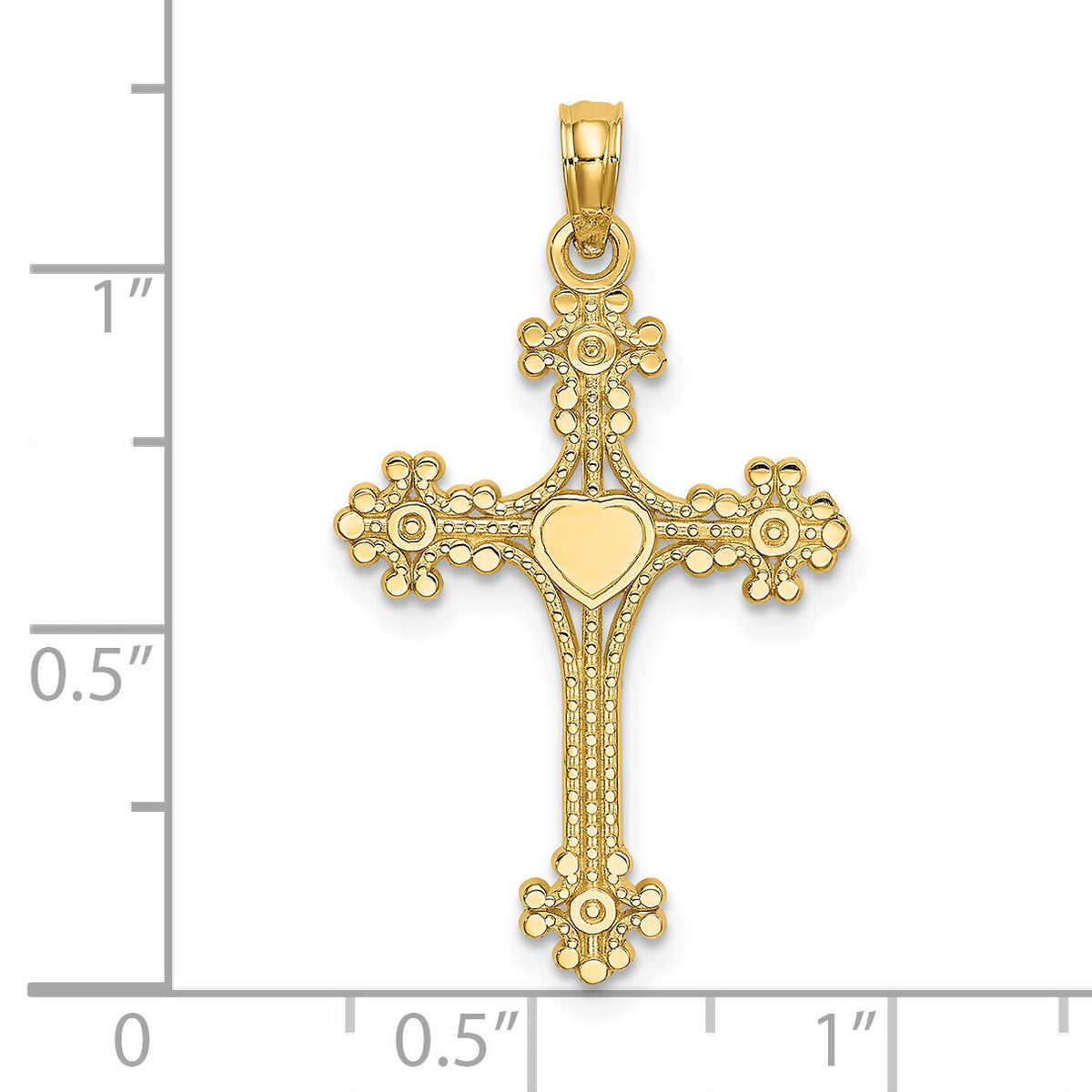 14K Beaded Tip Cross w/ Heart Center Charm-K8366