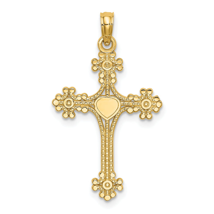 14K Beaded Tip Cross w/ Heart Center Charm-K8366
