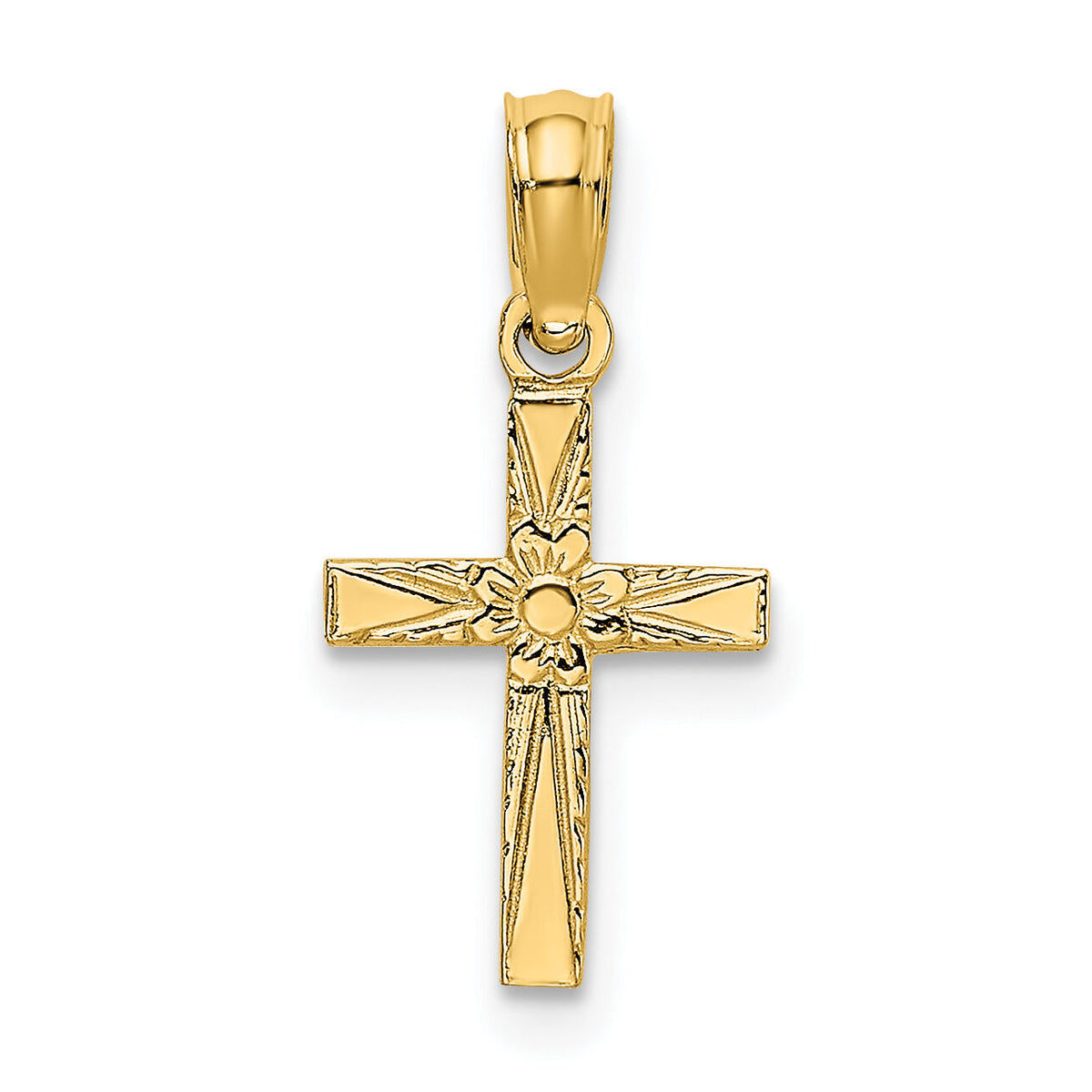 14K Polished and Engraved Mini Cross W/ Flower Charm-K8369