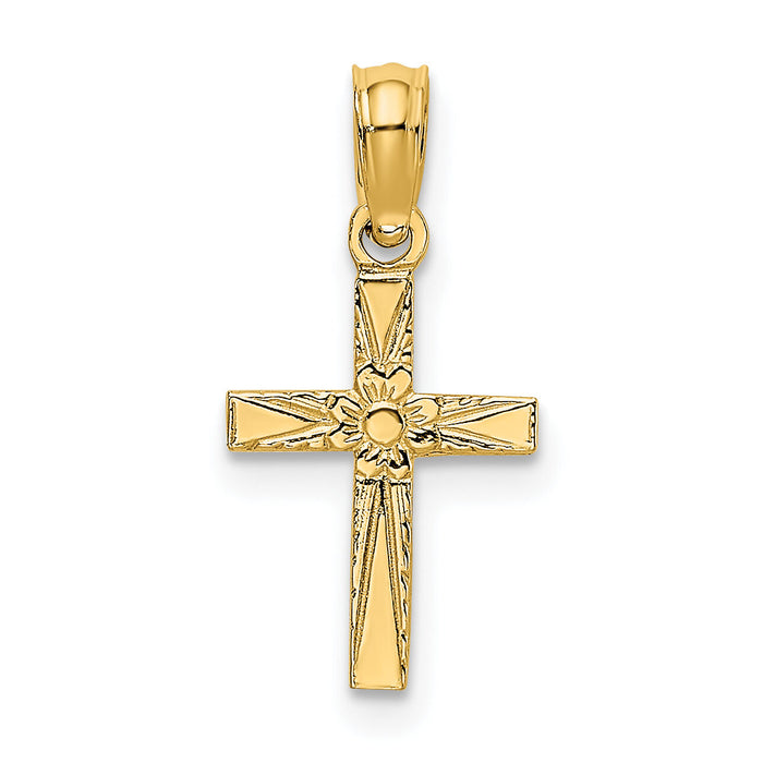 14K Polished and Engraved Mini Cross W/ Flower Charm-K8369