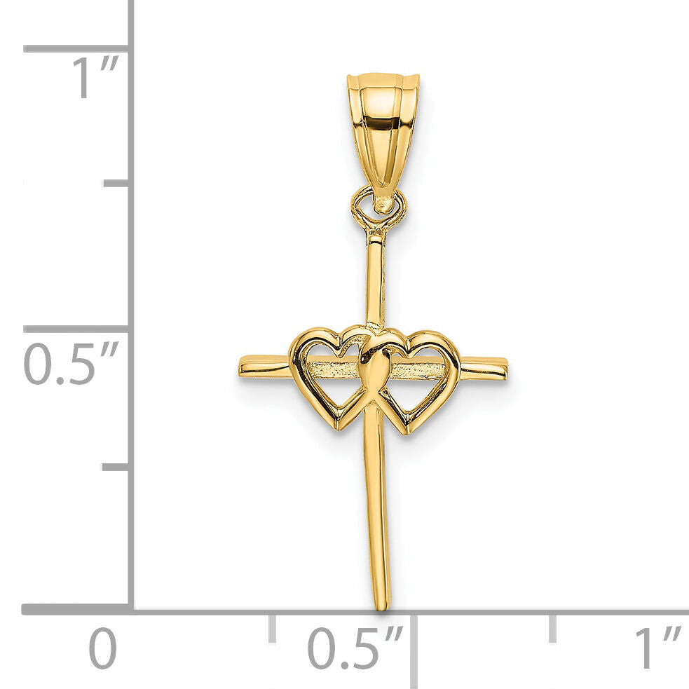 14K Polished Double Hearts On Stick Cross Charm-K8397