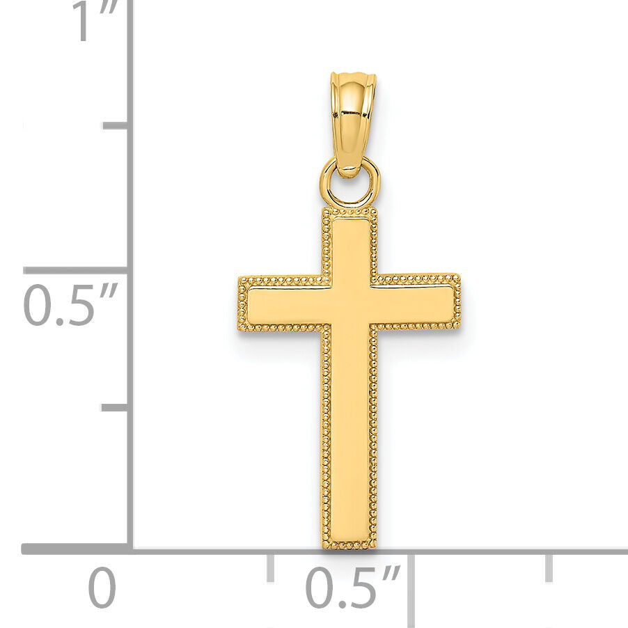 14K Polished Block Style Beaded Edge Cross Charm-K8411