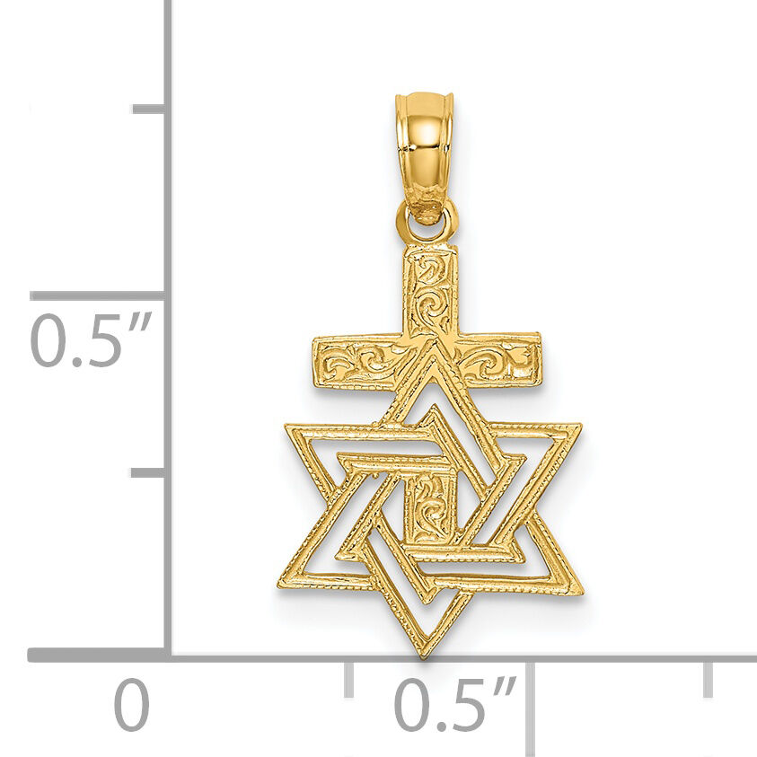 14K Polished / Engraved Star Of David and Cross Charm-K8412