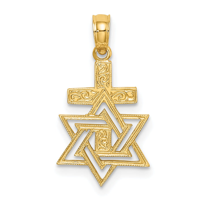 14K Polished / Engraved Star Of David and Cross Charm-K8412